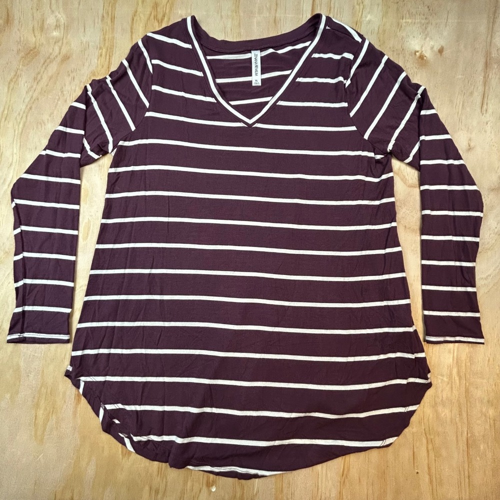 Zenana Premium Plum Purple White Striped V-Neck Tunic Top XL